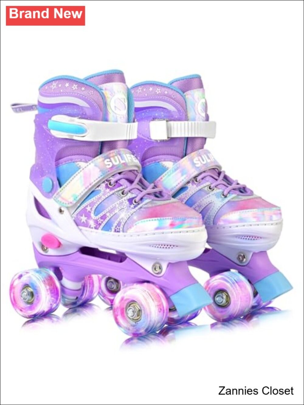 ✨ Kids Roller Skates Adjustable Light Up Wheels Tie-Dye Pom Poms Indoor Outdoor